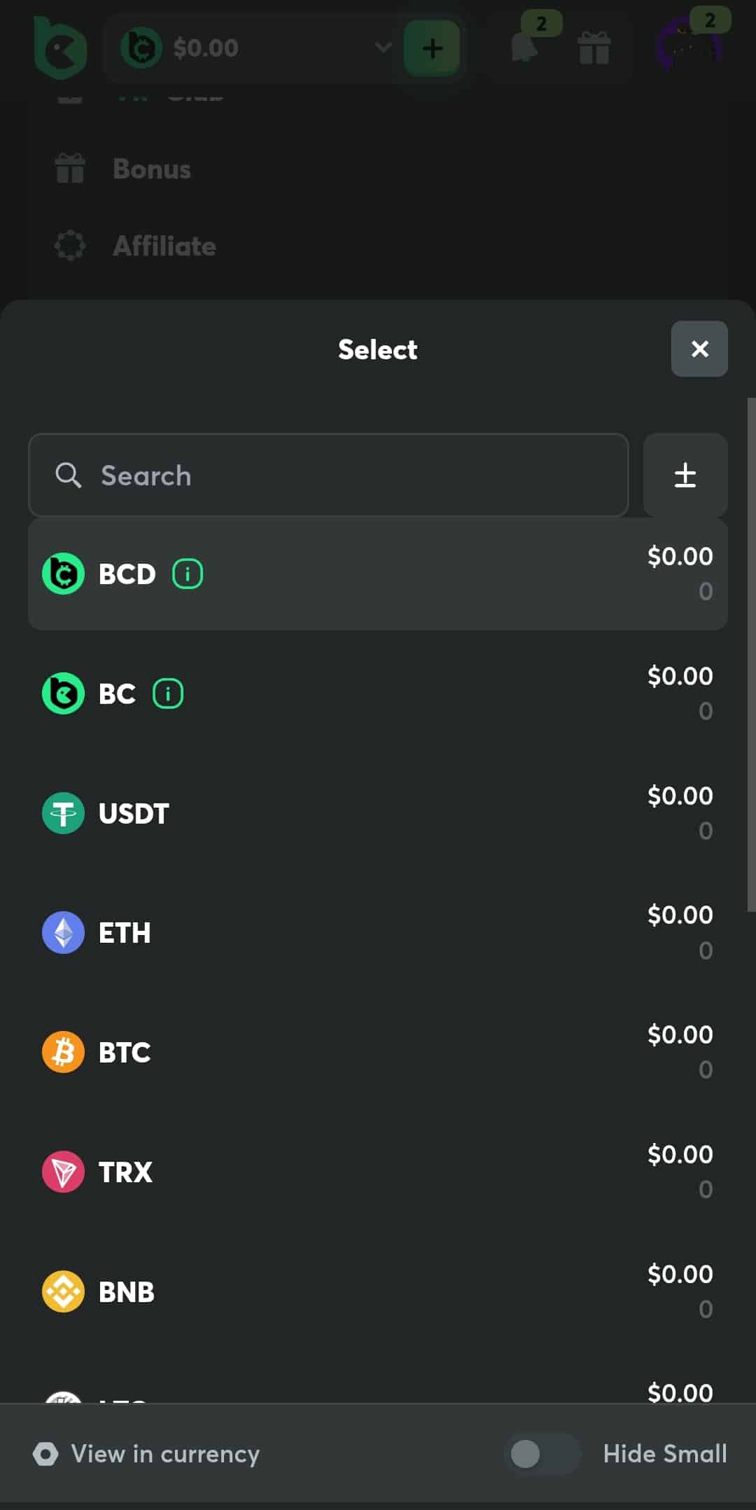 Screenshot of BC.Game crypto payment options.