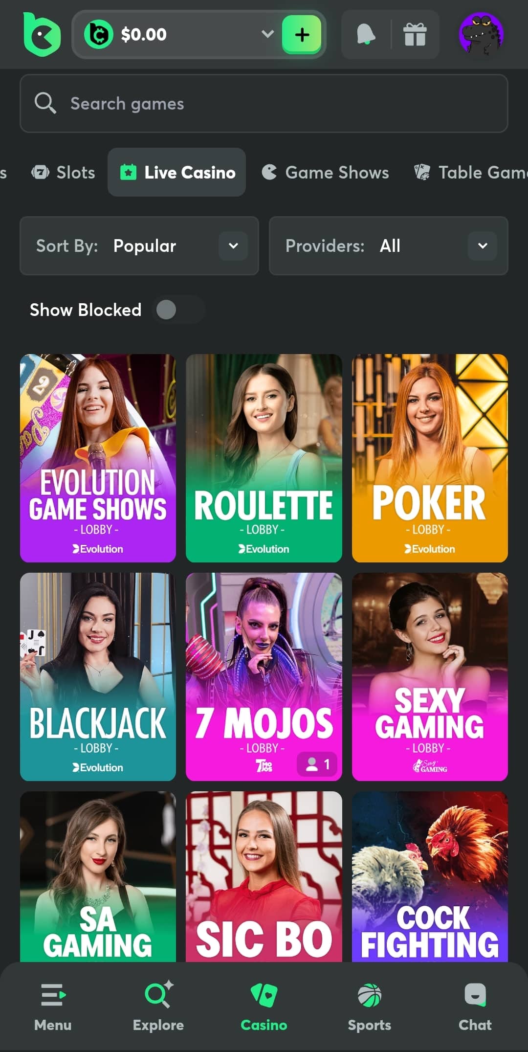 Screenshot of a BC.Game live casino page.