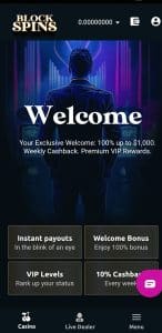 Screenshot of the Blockspins casino homepage