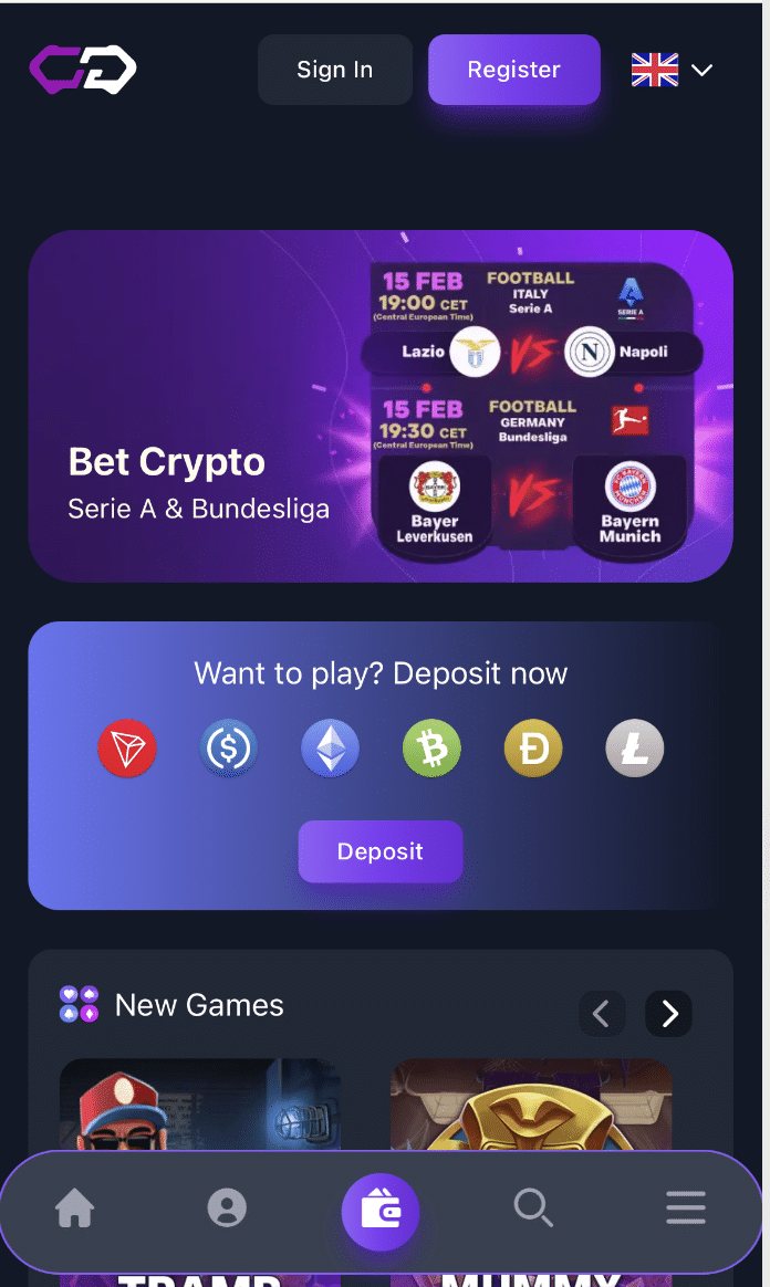 Screenshot of Crypto-Games homepage.