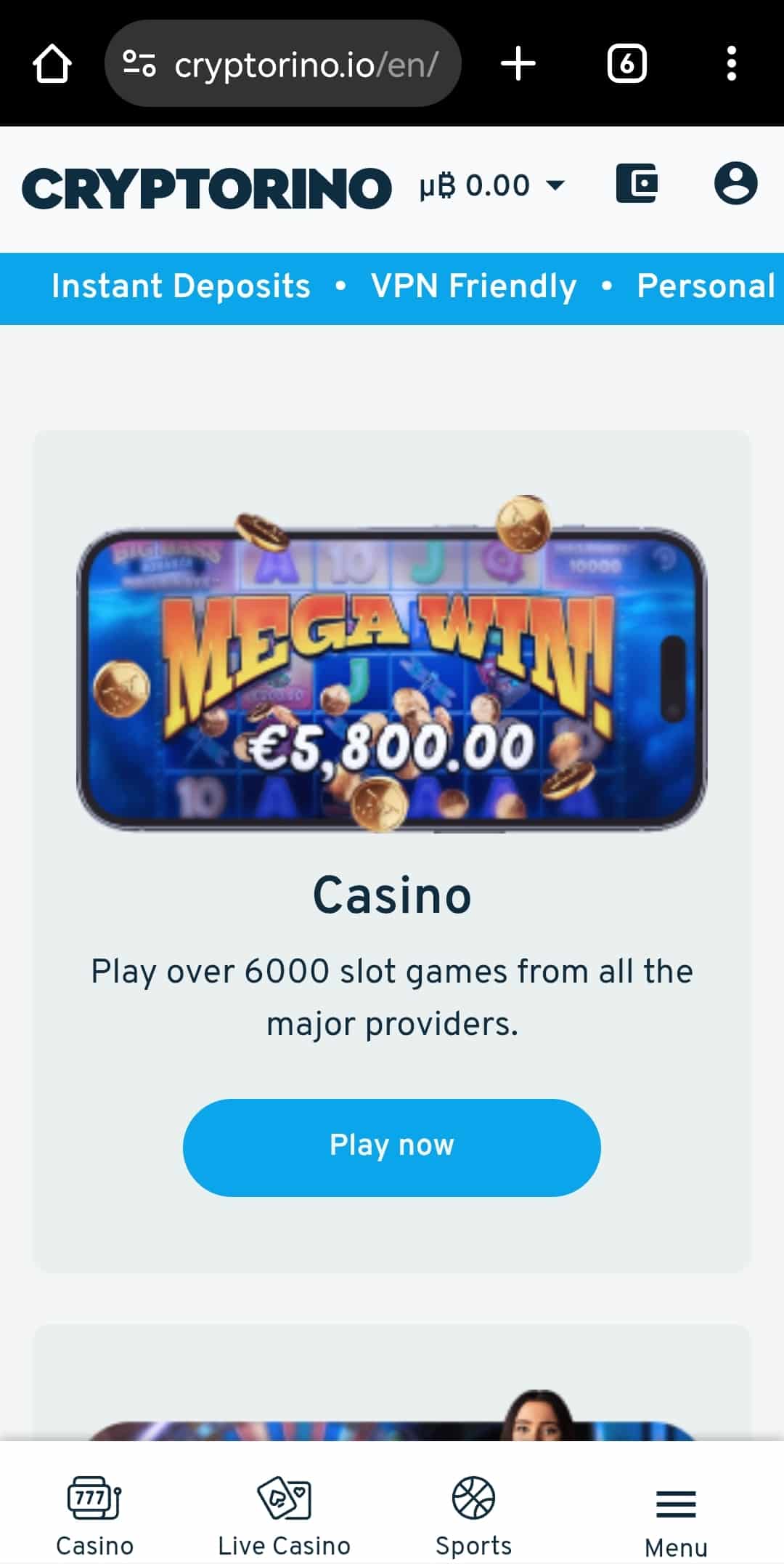 Screenshot of the Cryptorino casino homepage.