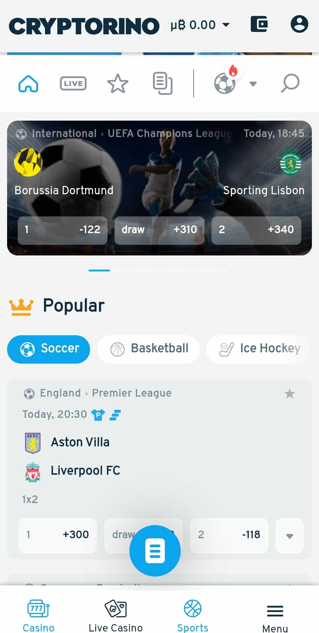 Screenshot of the Cryptorino sportsbook.