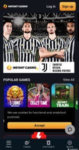 Instant Casino Mobile Homepage