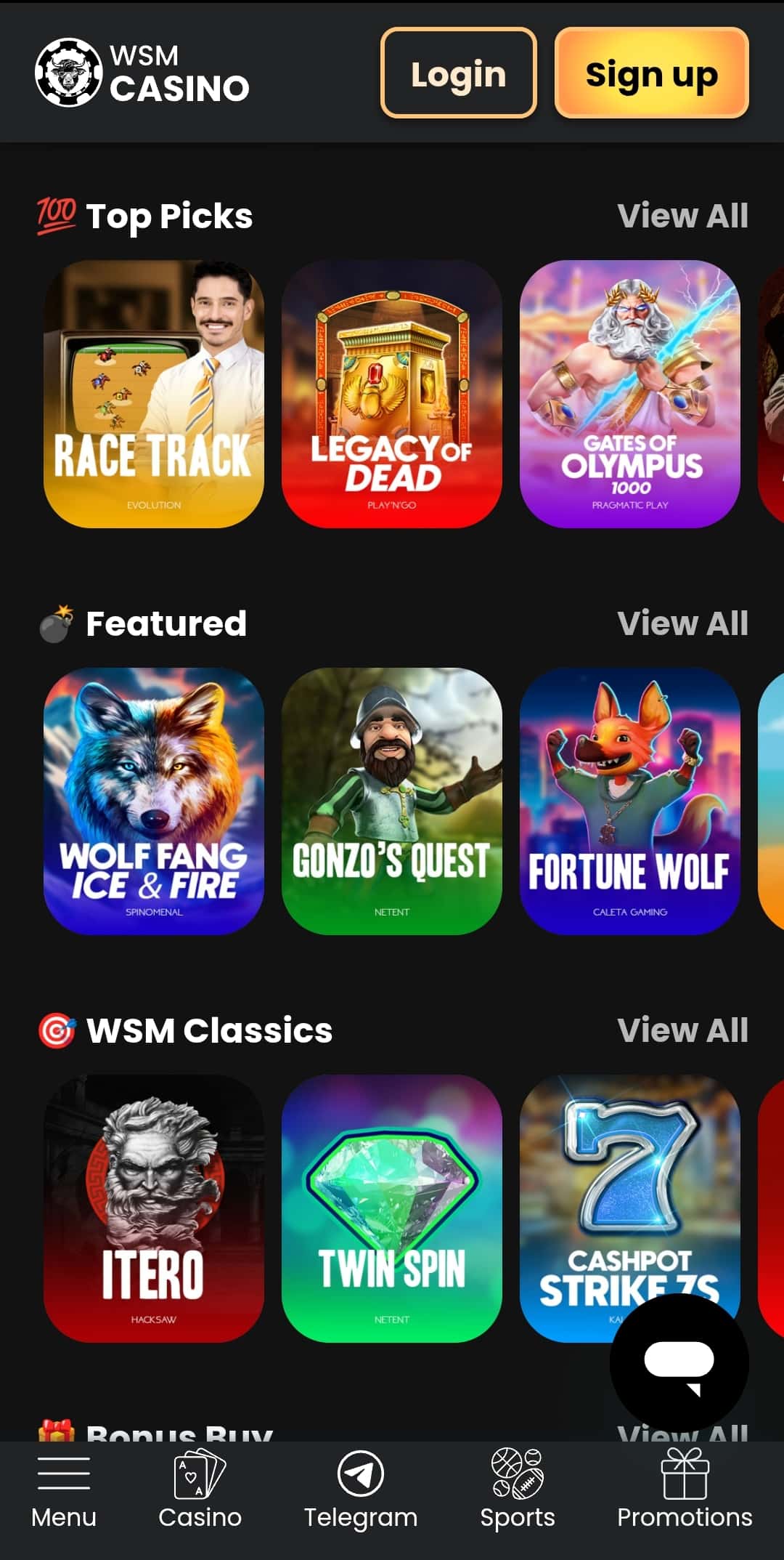 Screenshot of WSM casino games.