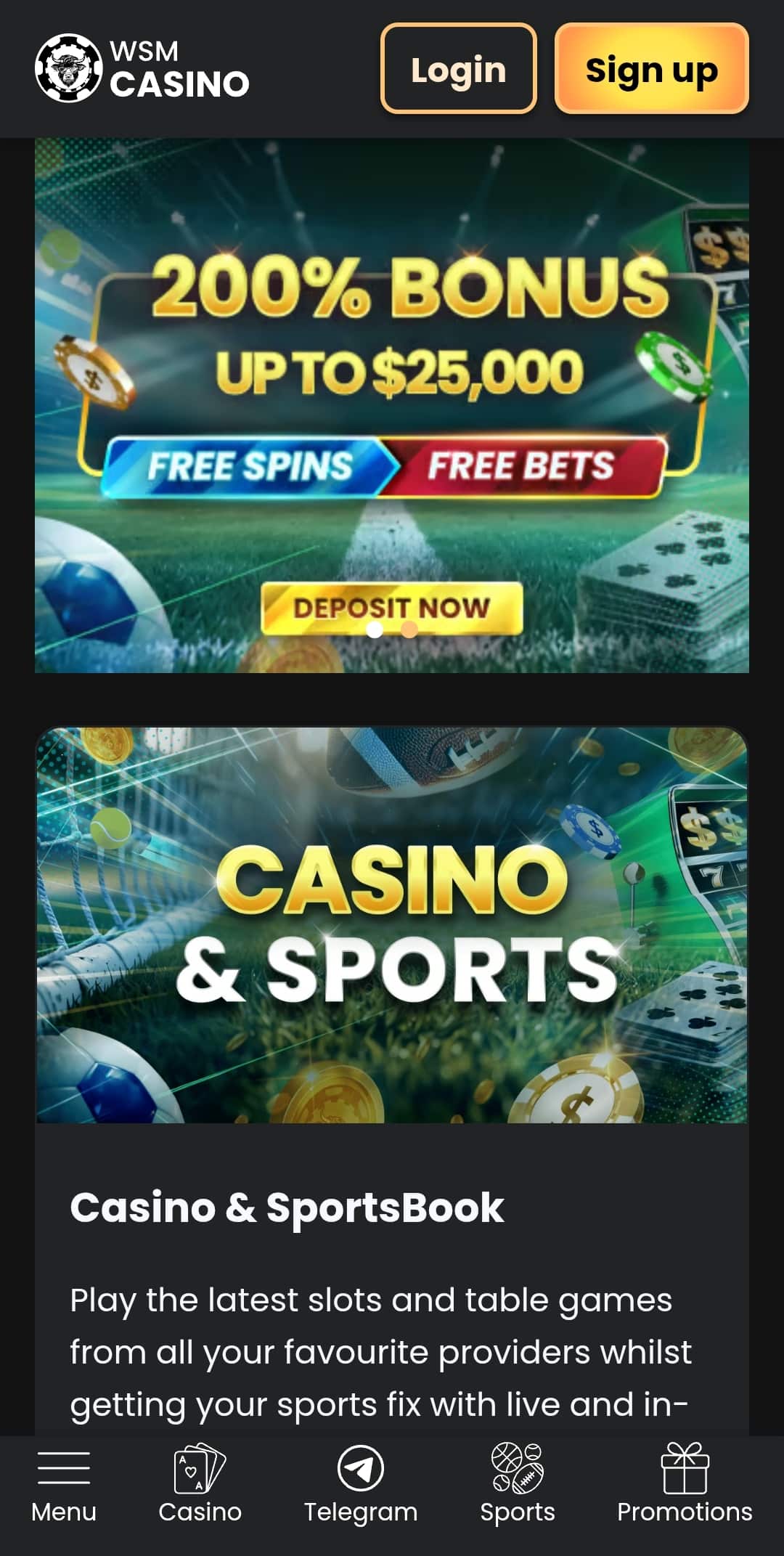 Screenshot of WSM casino homepage