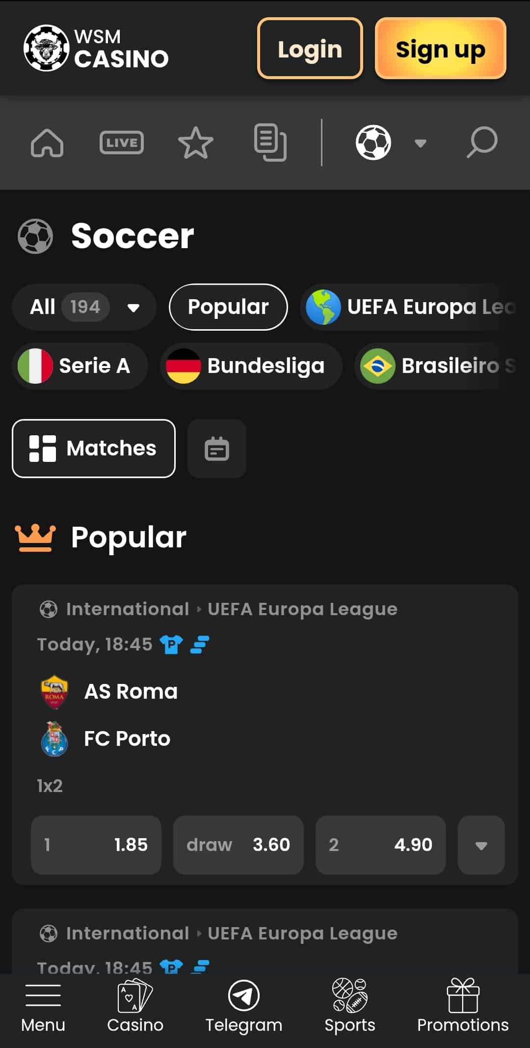 Screenshot of WSM sportsbook.