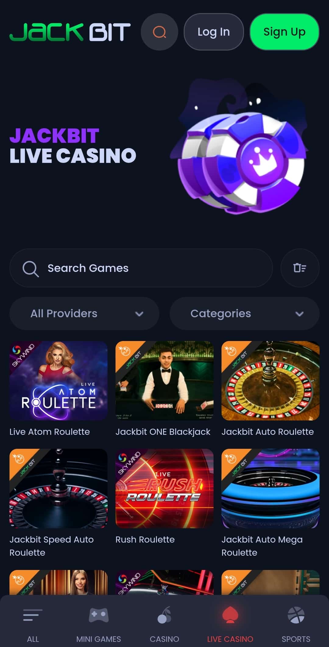 Screenshot of JackBit live casino.