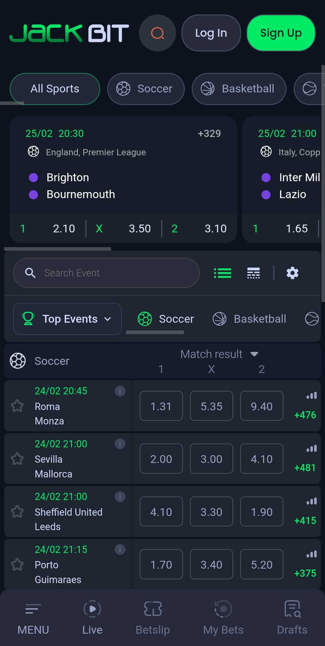 Screenshot of JackBit sportsbook.