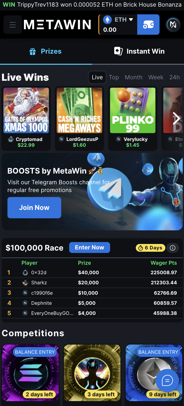 metawin casino mobile interface