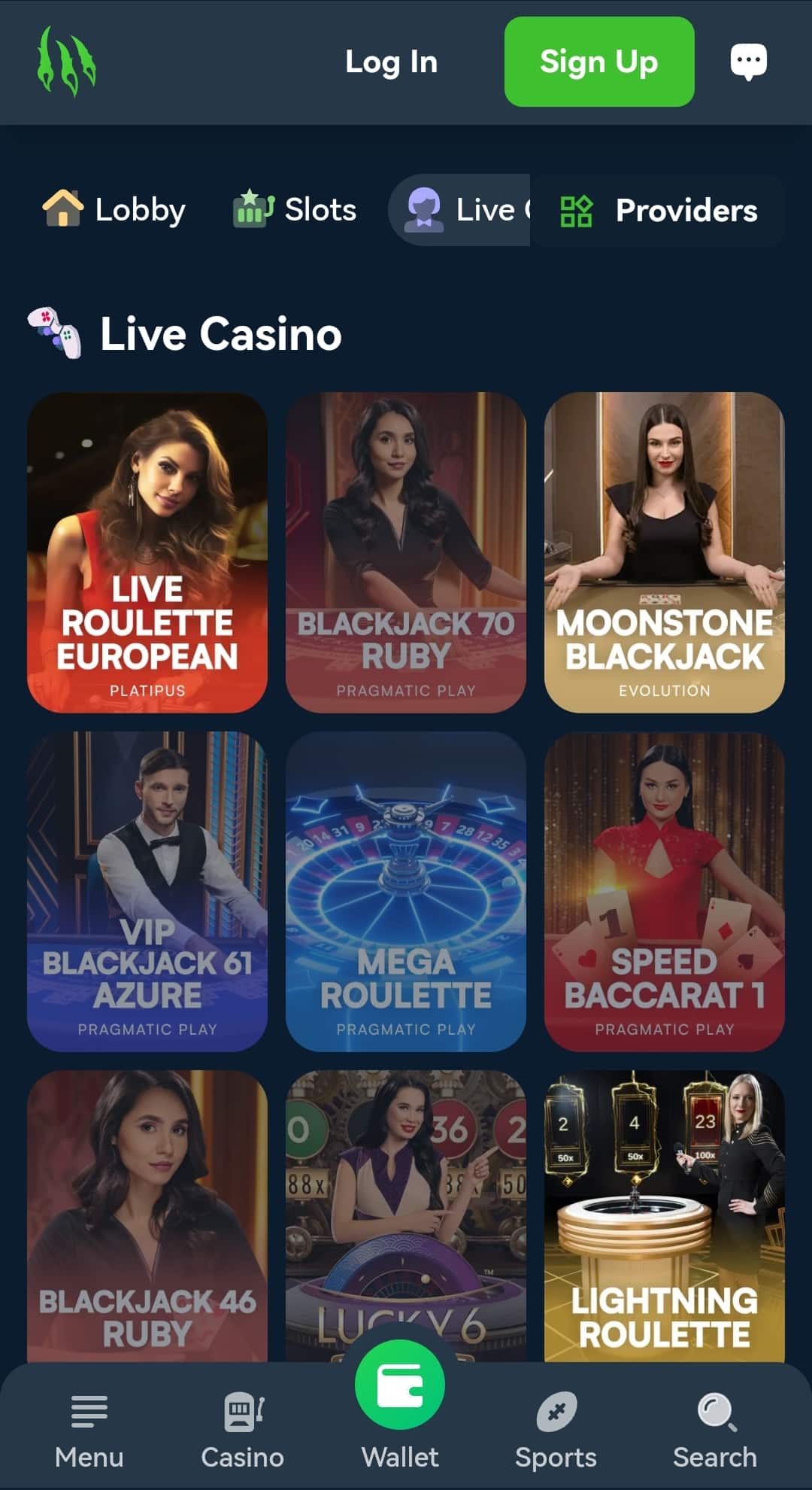 Screenshot of the Wild.io live casino