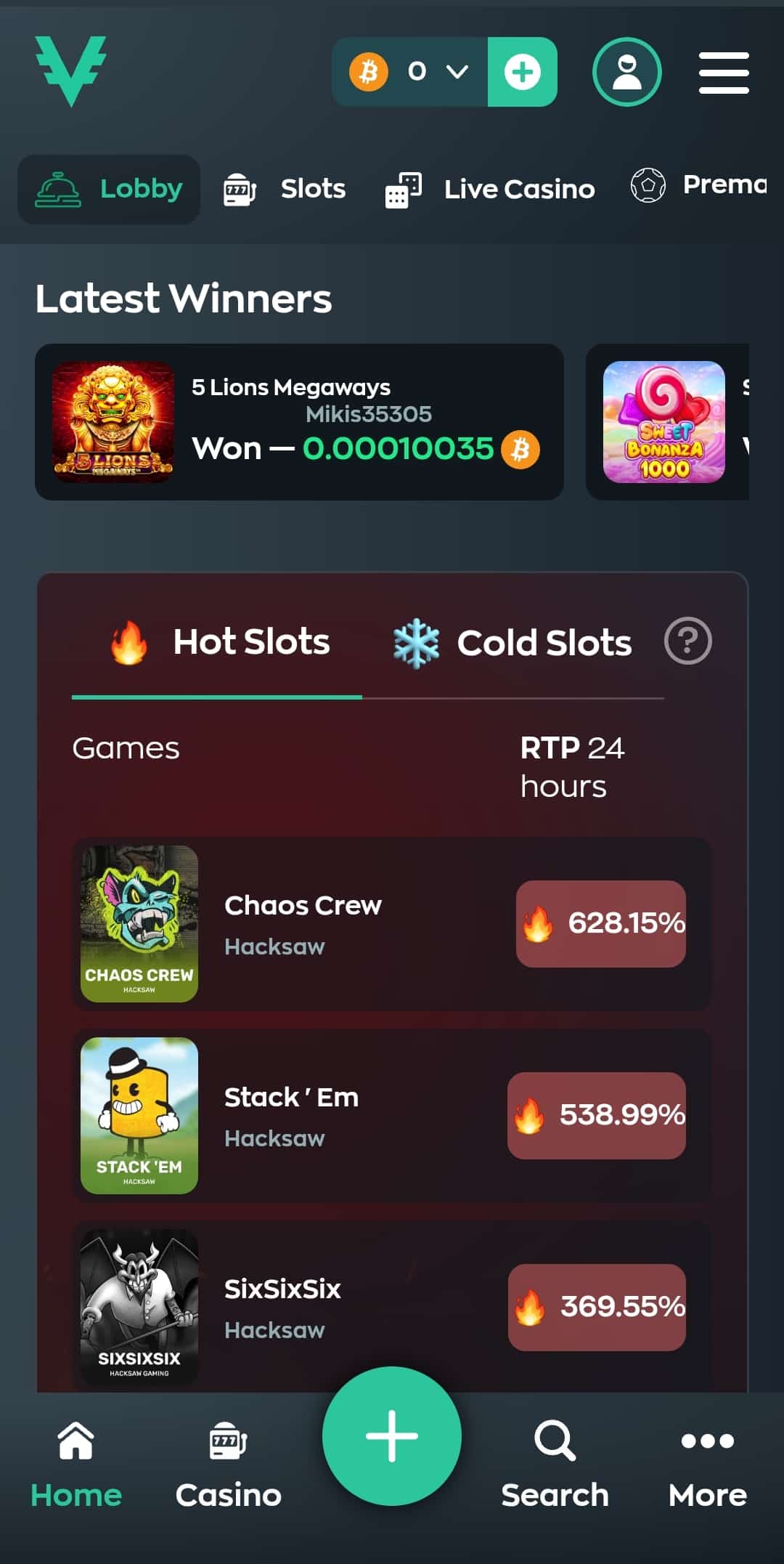 A screenshot of a Vave casino homepage