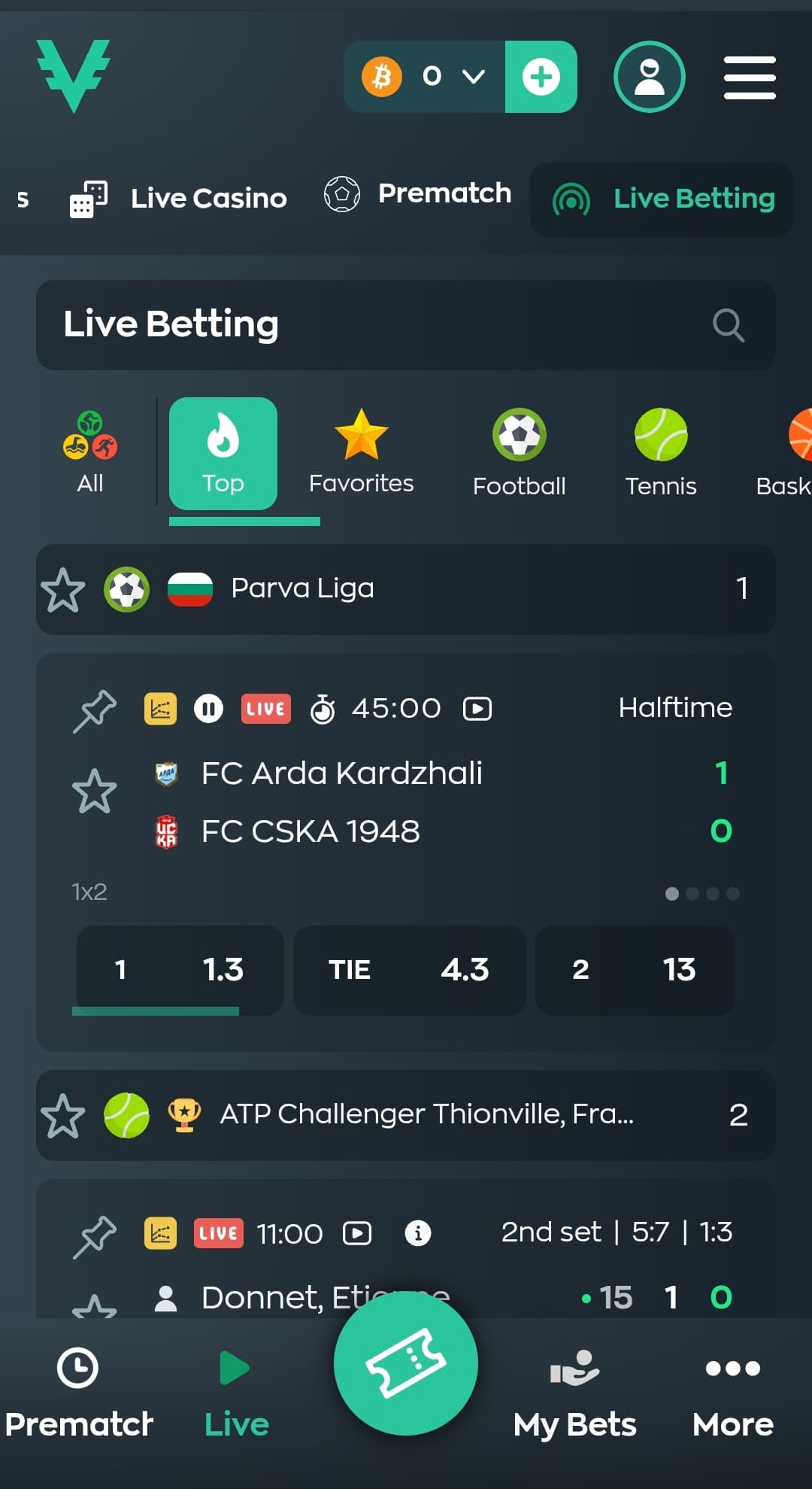 A screenshot of Vave casino sports betting