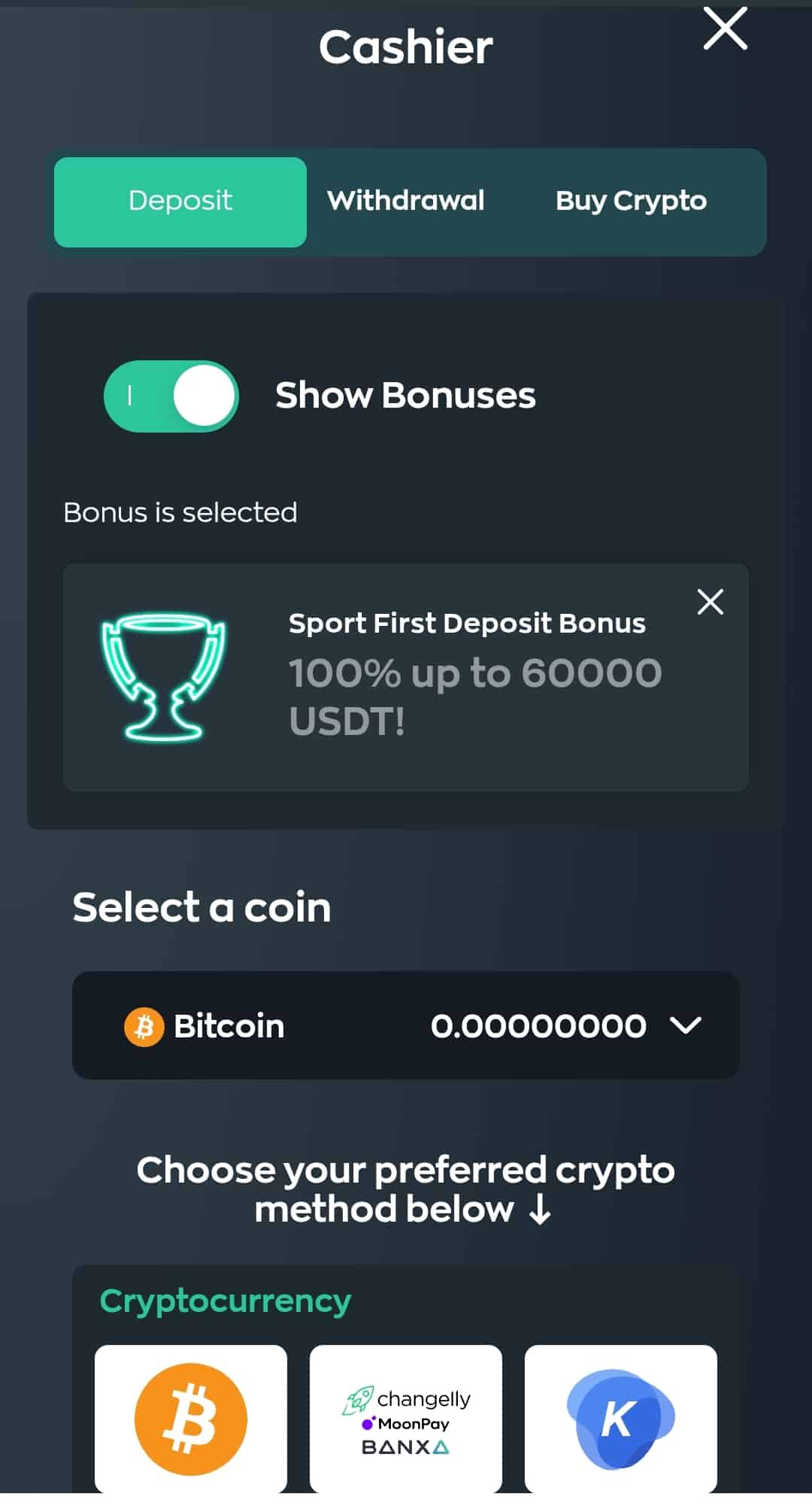 A screenshot of Vave casino payment methods