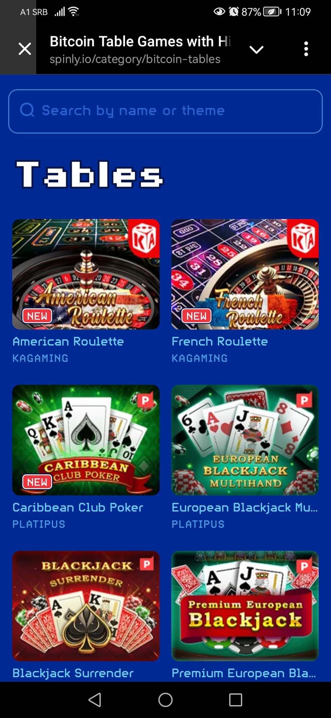 Screenshot of Spinly table games