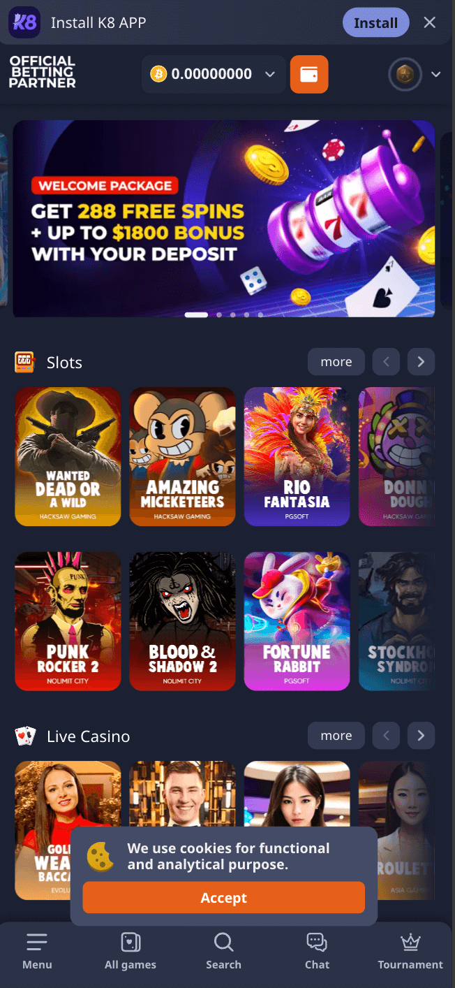 k8 casino mobile interface