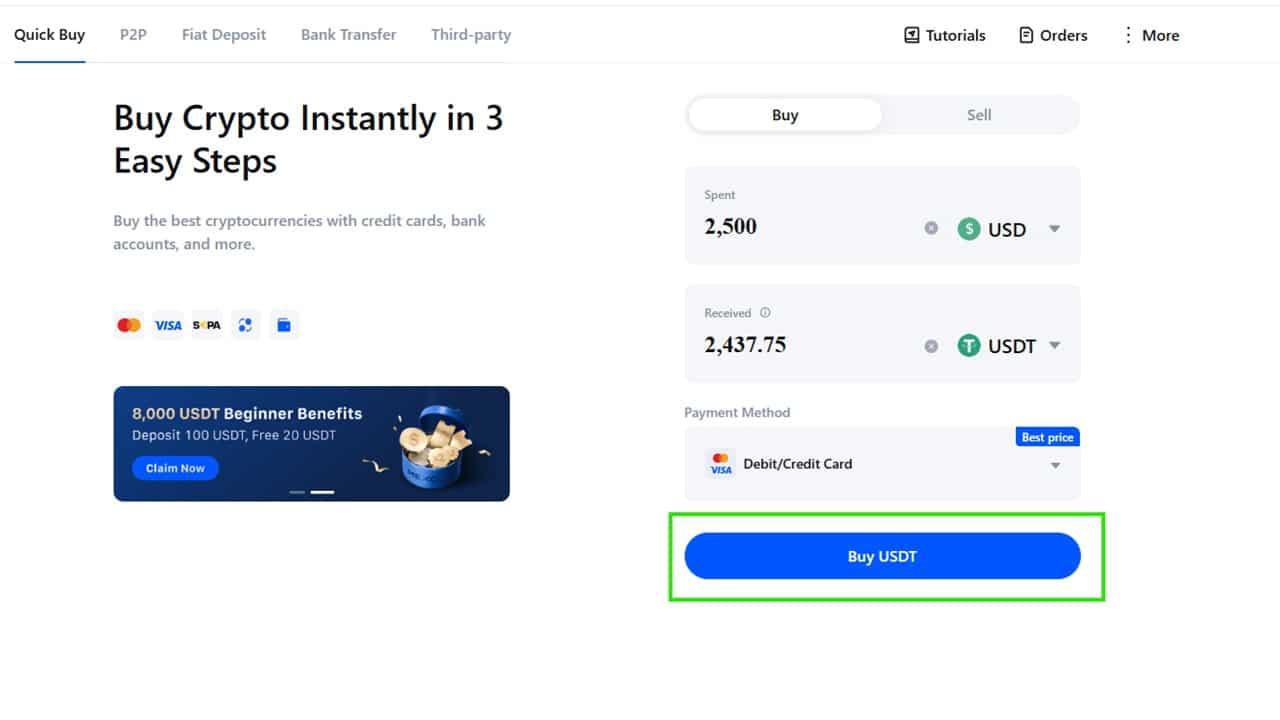 Buy USDT on MEXC