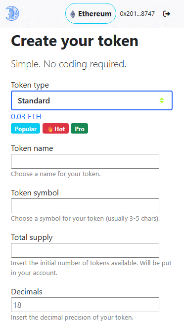 create your token page