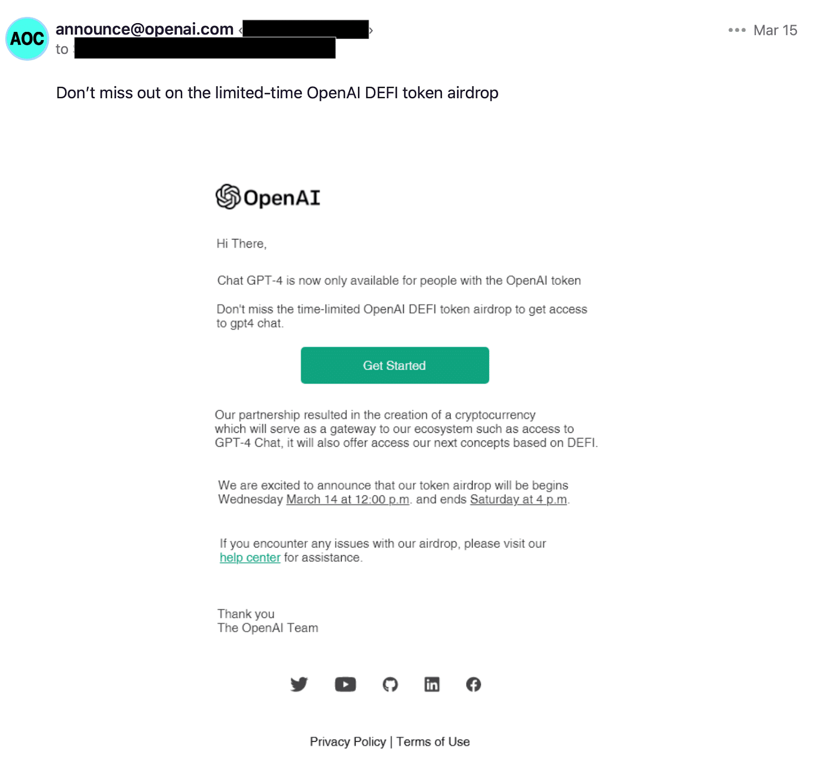 OpenAI airdrop scam example