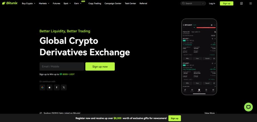 Bitunix homepage, emphasising its focus on derivatives and the signup bonuses. 