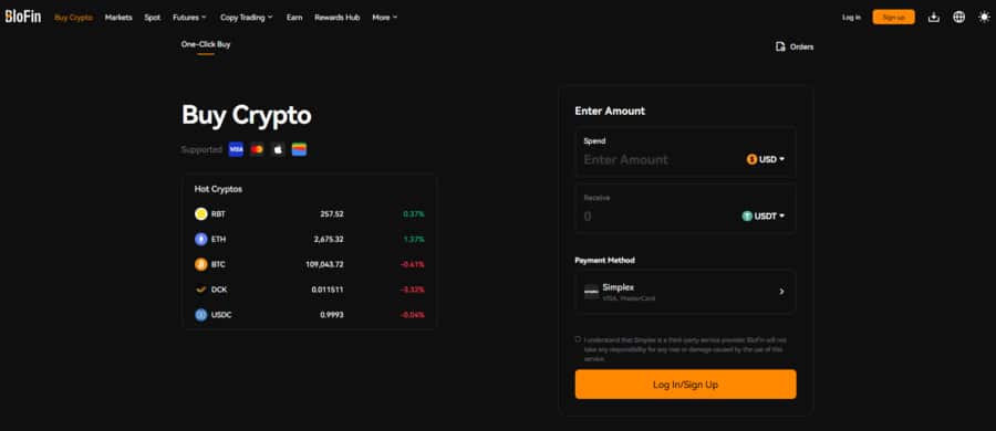 The on-click buy feature lets you purchase select coins with fiat on BloFin. 