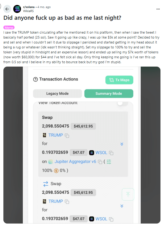 $TRUMP slippage example from Reddit