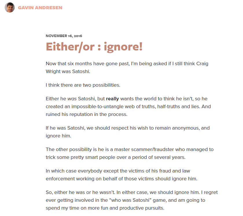Gavin Andresen's blog post on Satoshi Nakamoto