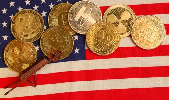 crypto coins on American flag