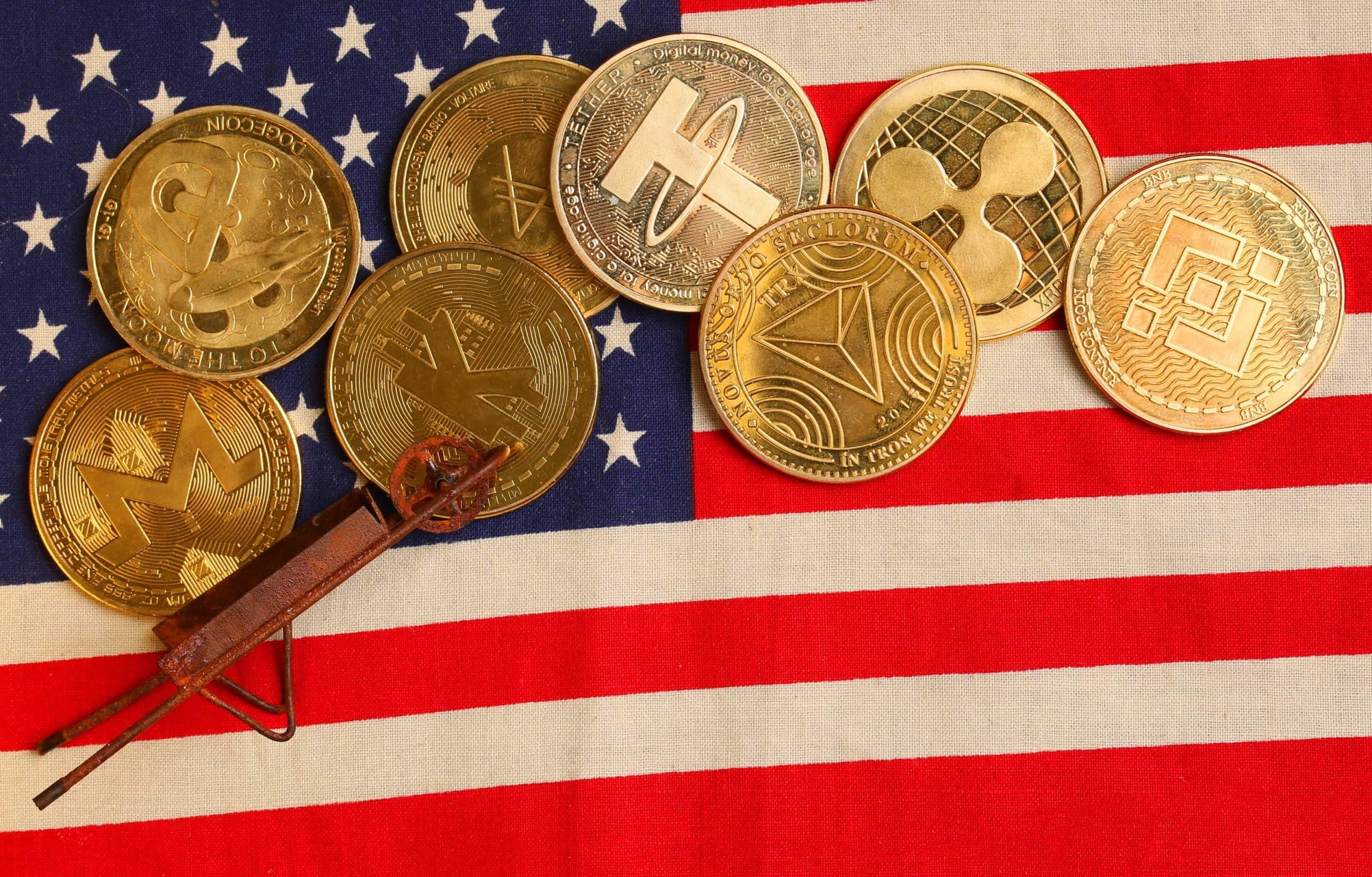 crypto coins on American flag