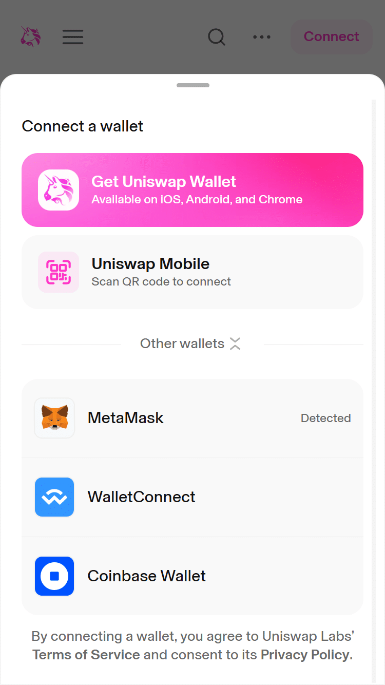 Uniswap connect your wallet screenshot