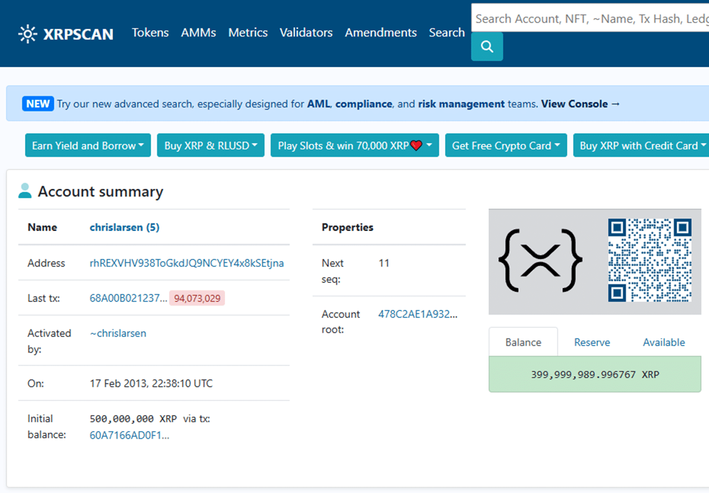 XRP scan page for Chris Larsen's wallet