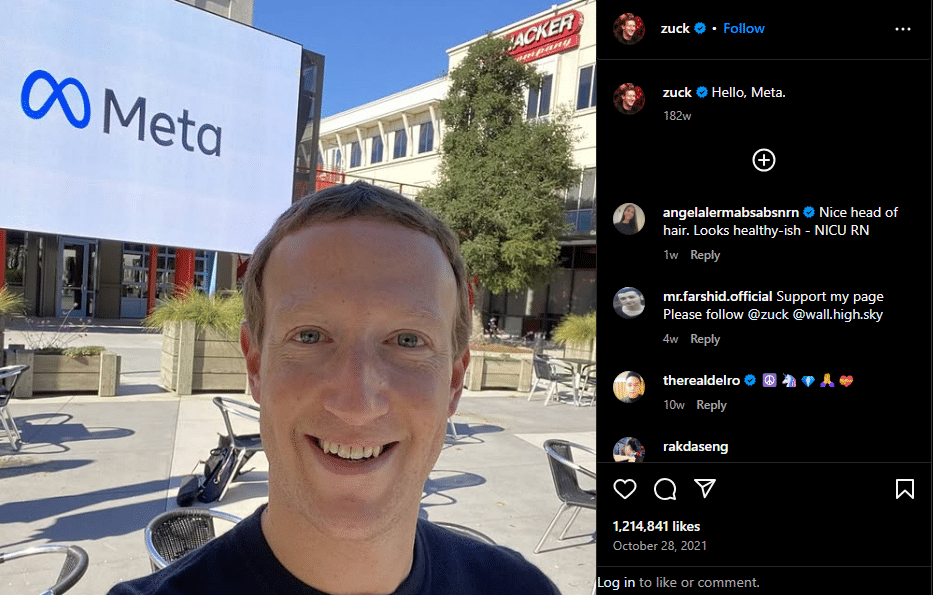 Mark Zuckerberg insta post about Meta