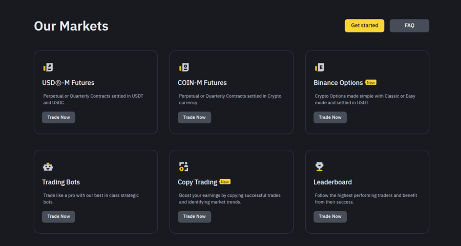 Binance offers various types of futures contracts and even copy trading and trading bots