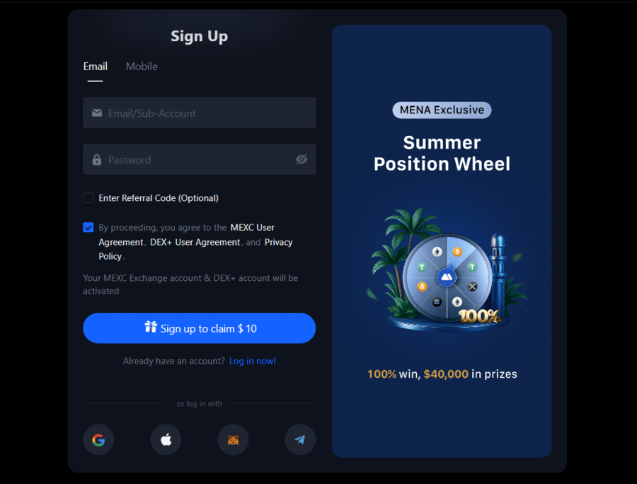 Registration pop-up on MEXC