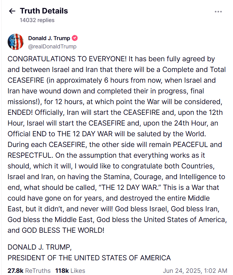 Donaly trump iran-israel cease fire