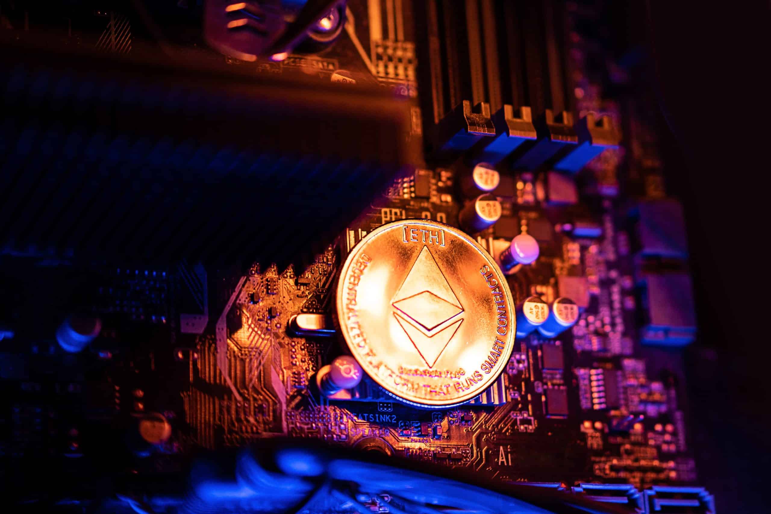ETH coin on a motherboard