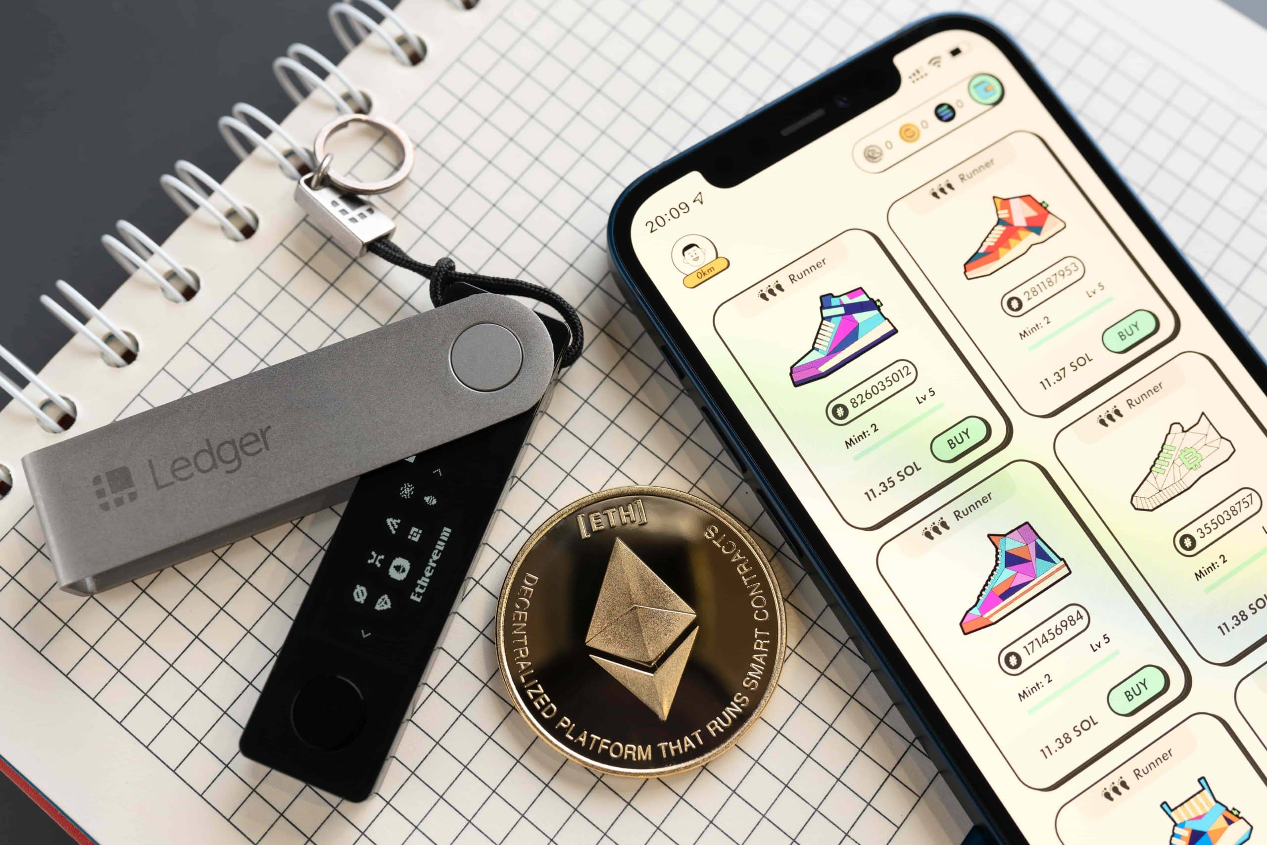 NFT marketplace, Ethereum coin, and hardware wallet
