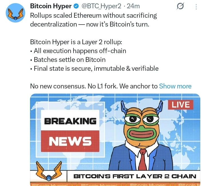 Bitcoin Hyper tweet