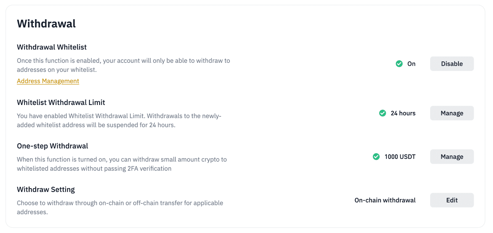 Binance withdrawal whitelist on top of 2FA