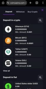 Interface de dépôt d'un casino en ligne montrant des options de cryptomonnaies