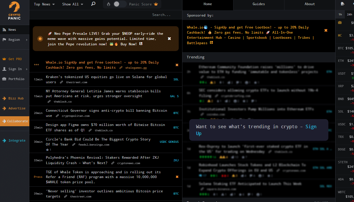 cryptopanic homepage