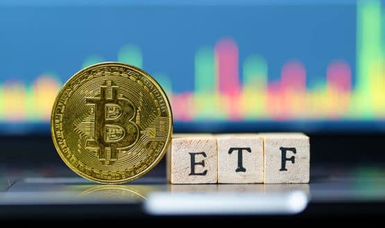 Bitcoin coin next to ETF blocks