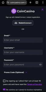 coincasino sign up with a wallet