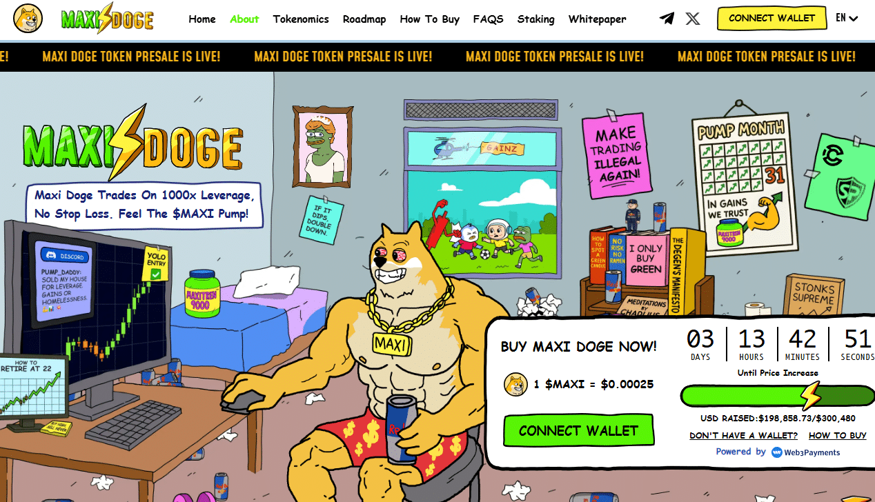 Homepage of one of the best altcoins Maxi Doge