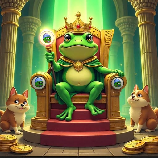Little Pepe frog on a throne