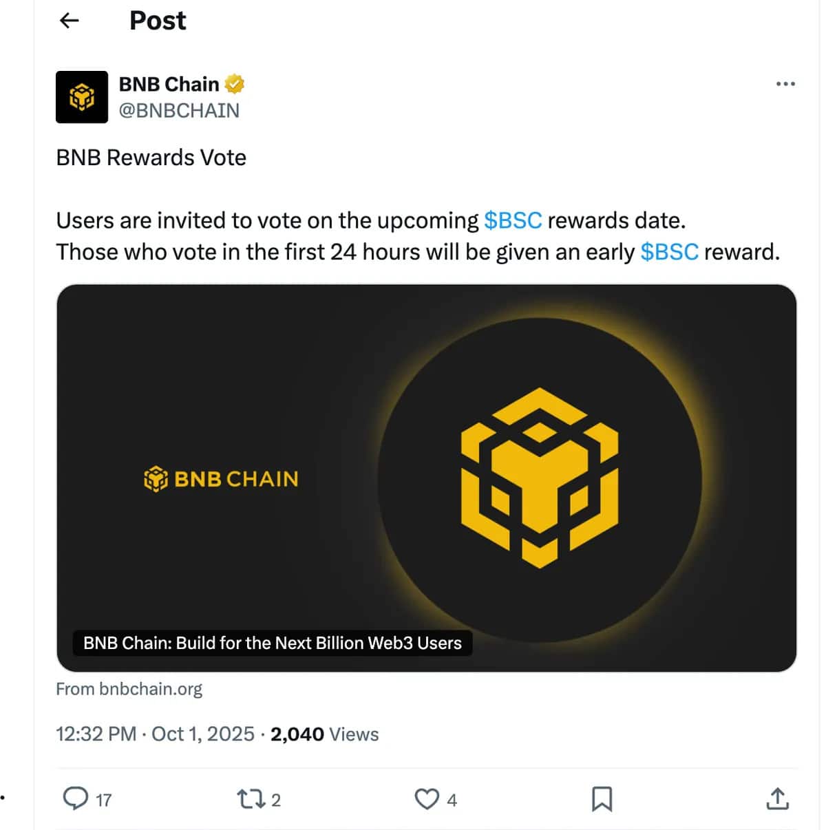 BNB Chain Value Slides 1.8% After CZ Warns Of X Account Hack