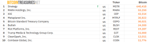 Top 10 Bitcoin treasuries