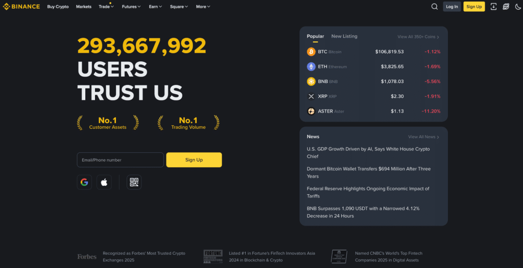 Caption: Binance homepage displaying 293 million users and number one ranking in trading volume. Source: Binance