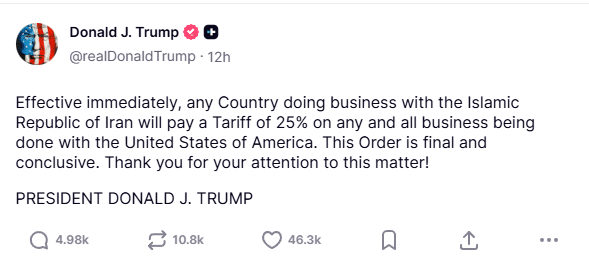 Trump Warns of 25% Tariffs for Countries Trading With Iran