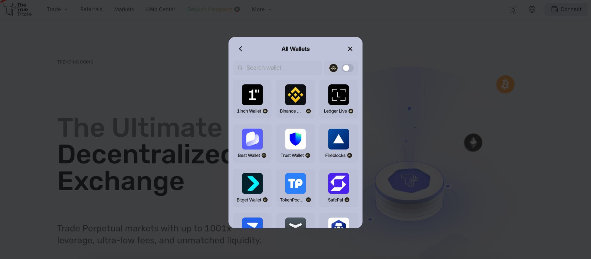 The True Trade how to connect a wallet in Web3 mode