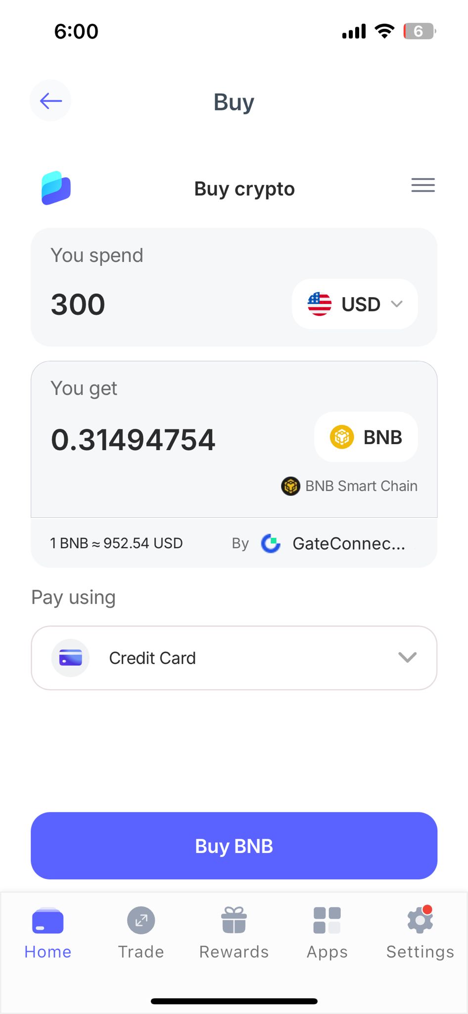 Best Wallet buy BNB with a credit card